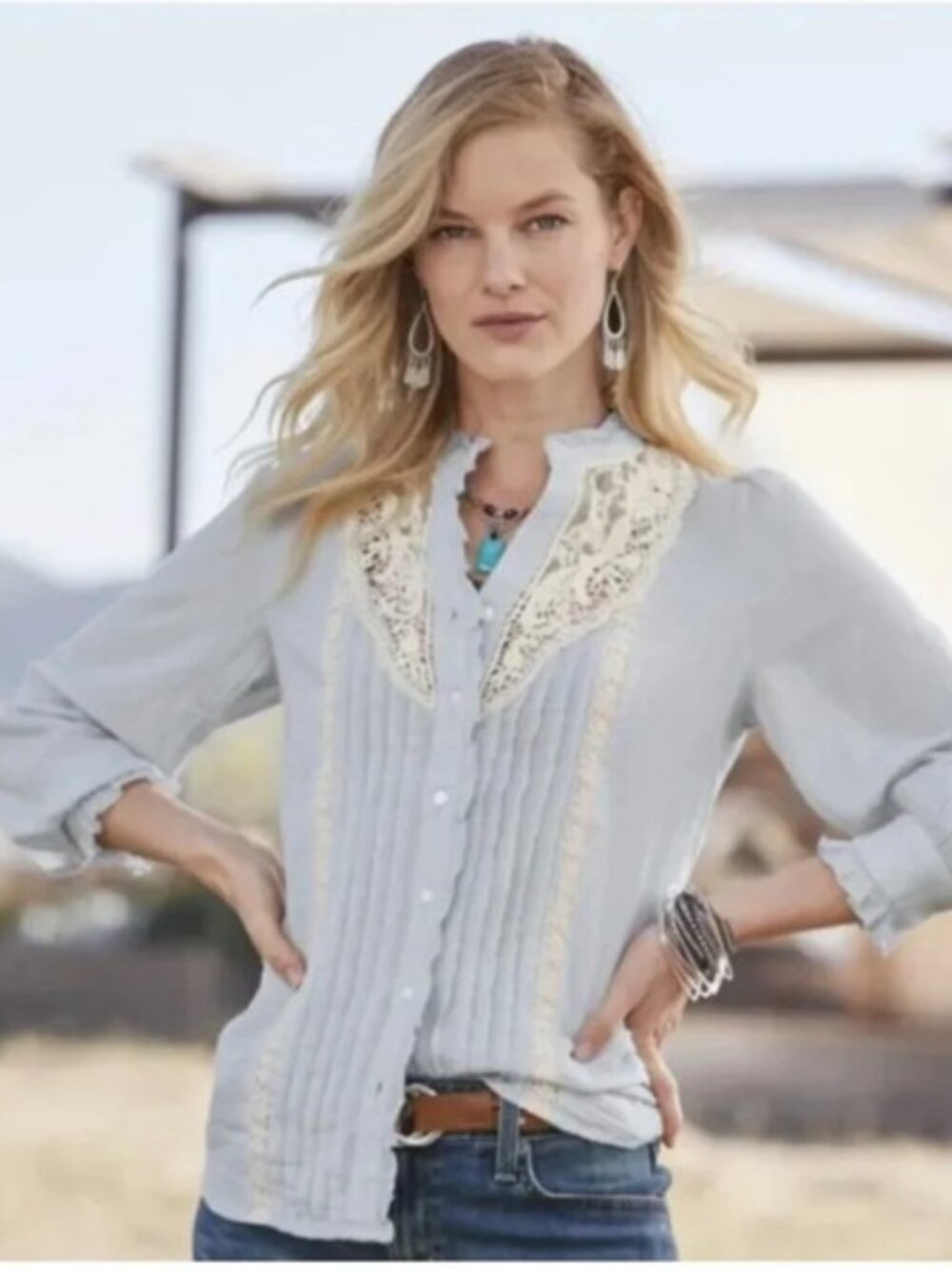 Sundance Cecilia Lace Pintuck Ruffle Blouse, MP, Excellent Used Condition